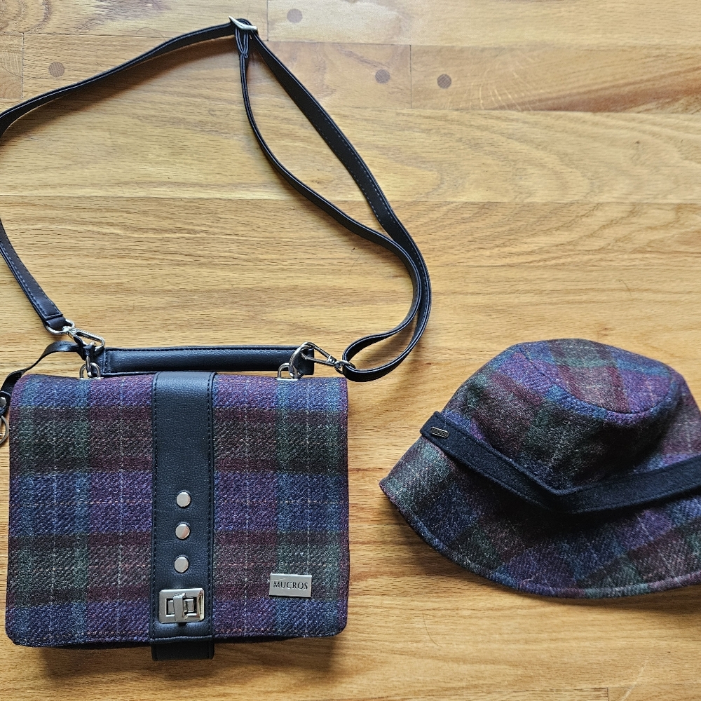 Mucros Weavers Fiona handback and Matching Clodagh Flapper hat, Purple Plaid NEW